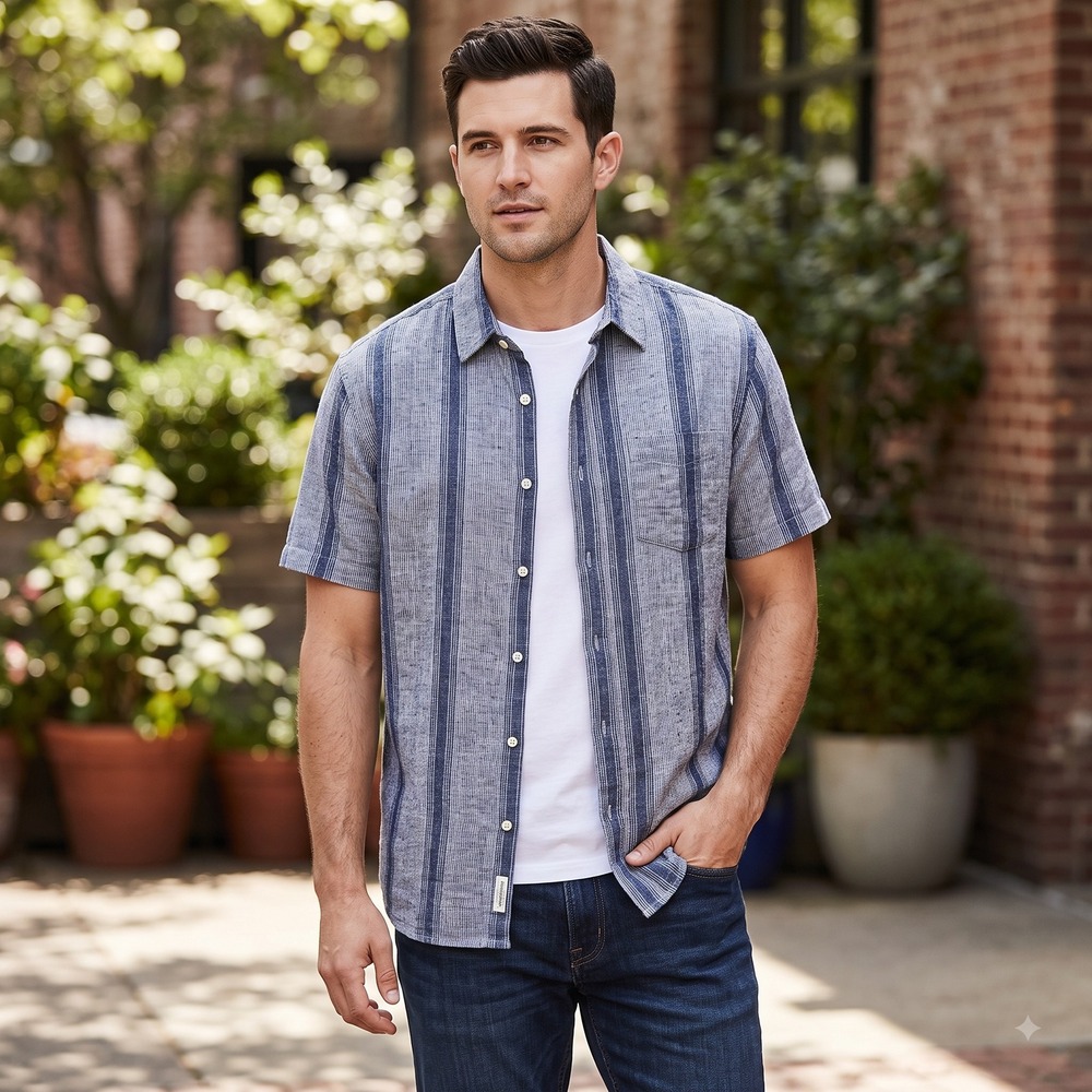 Goodfellow & Co Mens L Button-Down Shirt Short Sleeve Blue Striped Textured L